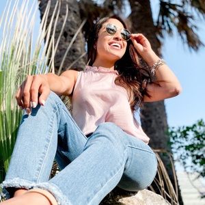 pink ruffle mock neck blouse